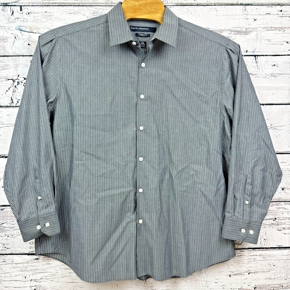 Perry Ellis Portfolio Men's Gray Striped Button Up Long Sleeve‎ [Size XXL 2XL]